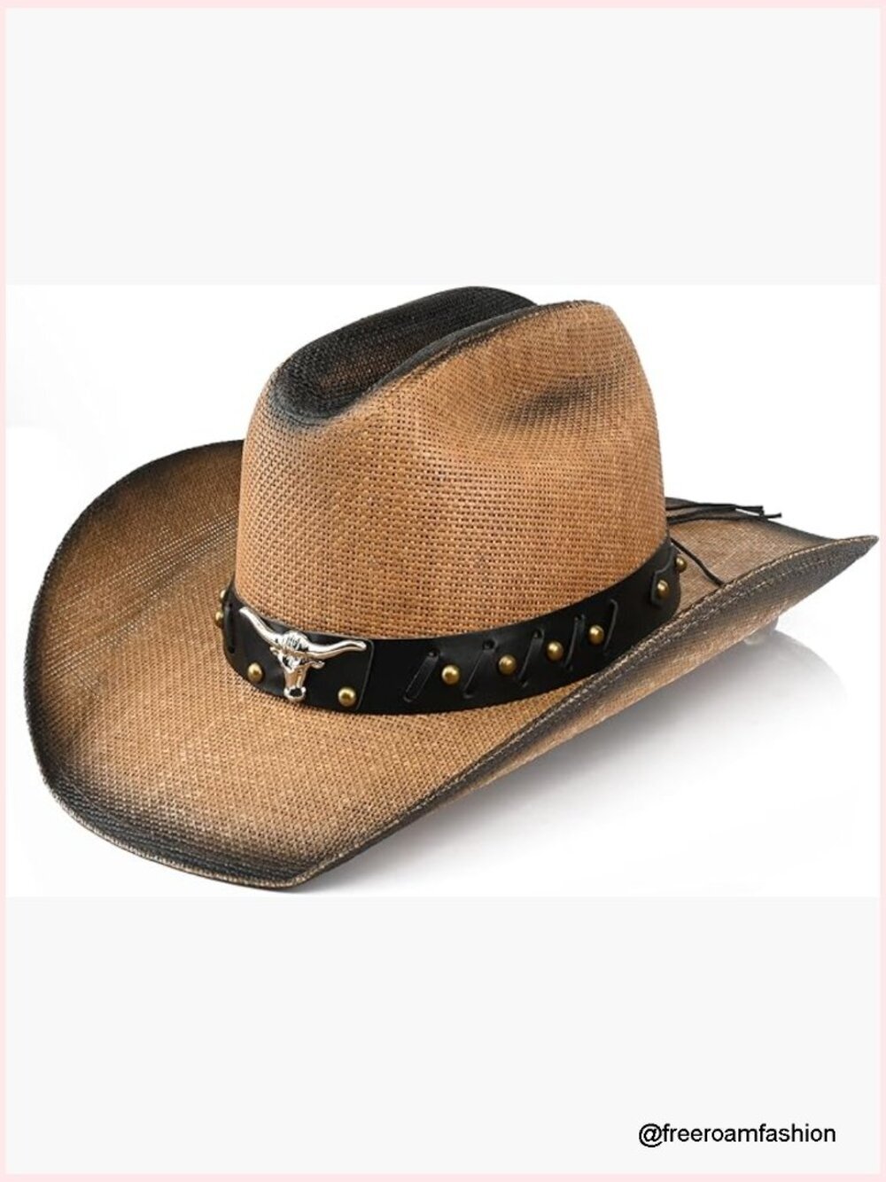 Western Straw Cowboy Hat with Metal Bull Head Badge - Adjustable Brim